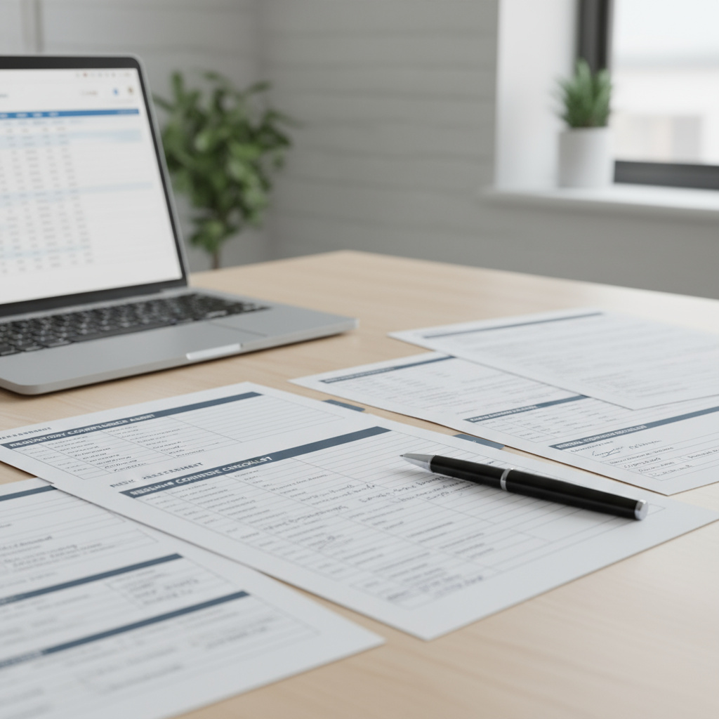 Compliance‑Dokumente und Checklisten auf einem Schreibtisch
