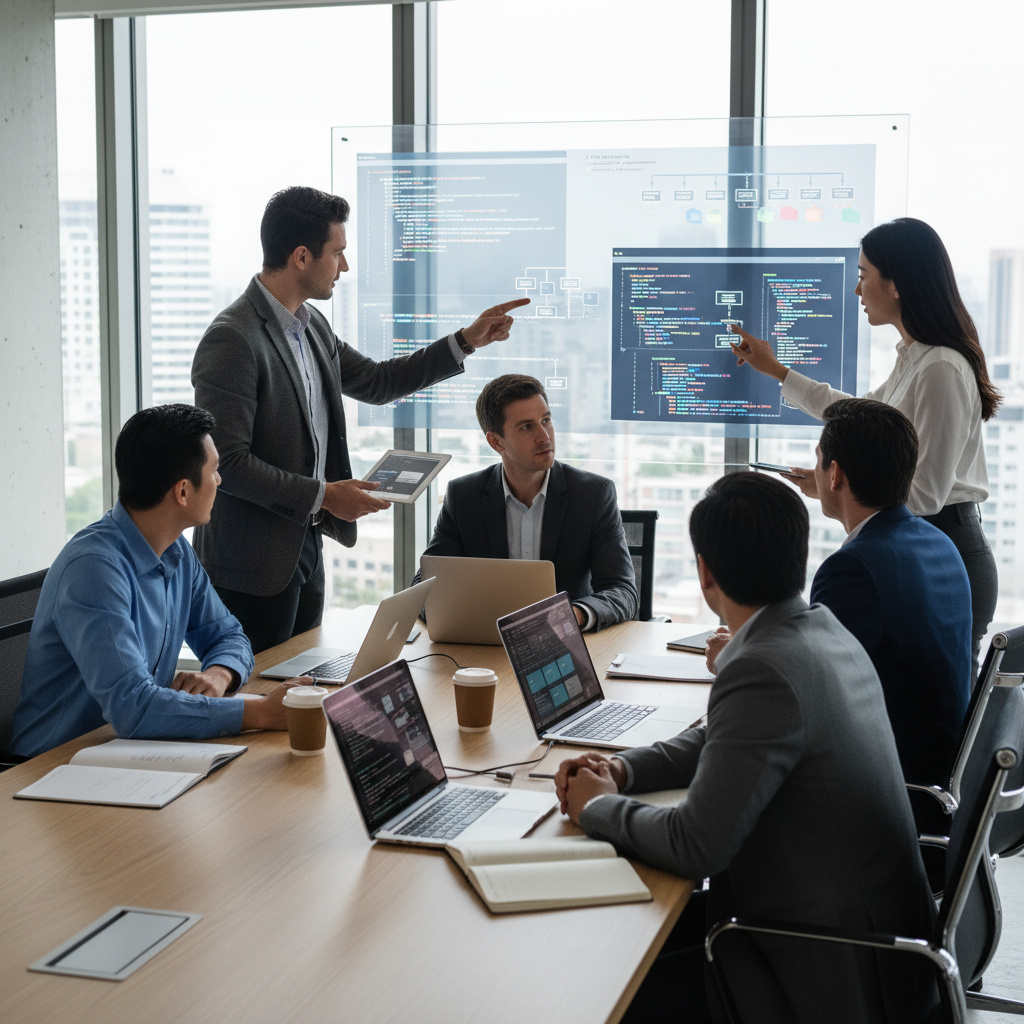 Team von Cybersecurity‑Profis beim Review von Code und Sicherheitsdiagrammen