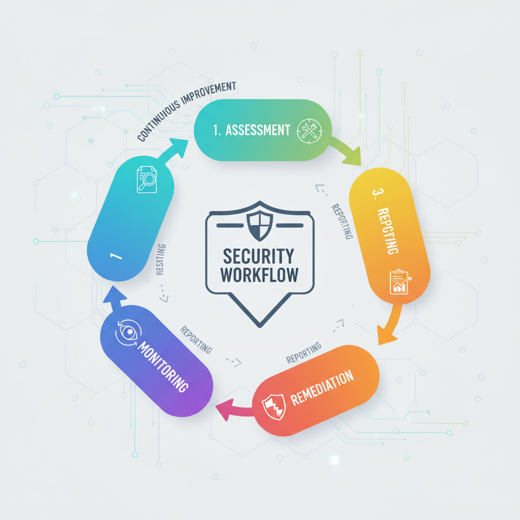 Schritt‑für‑Schritt Workflow von Assessment, Testing, Reporting, Remediation und Monitoring