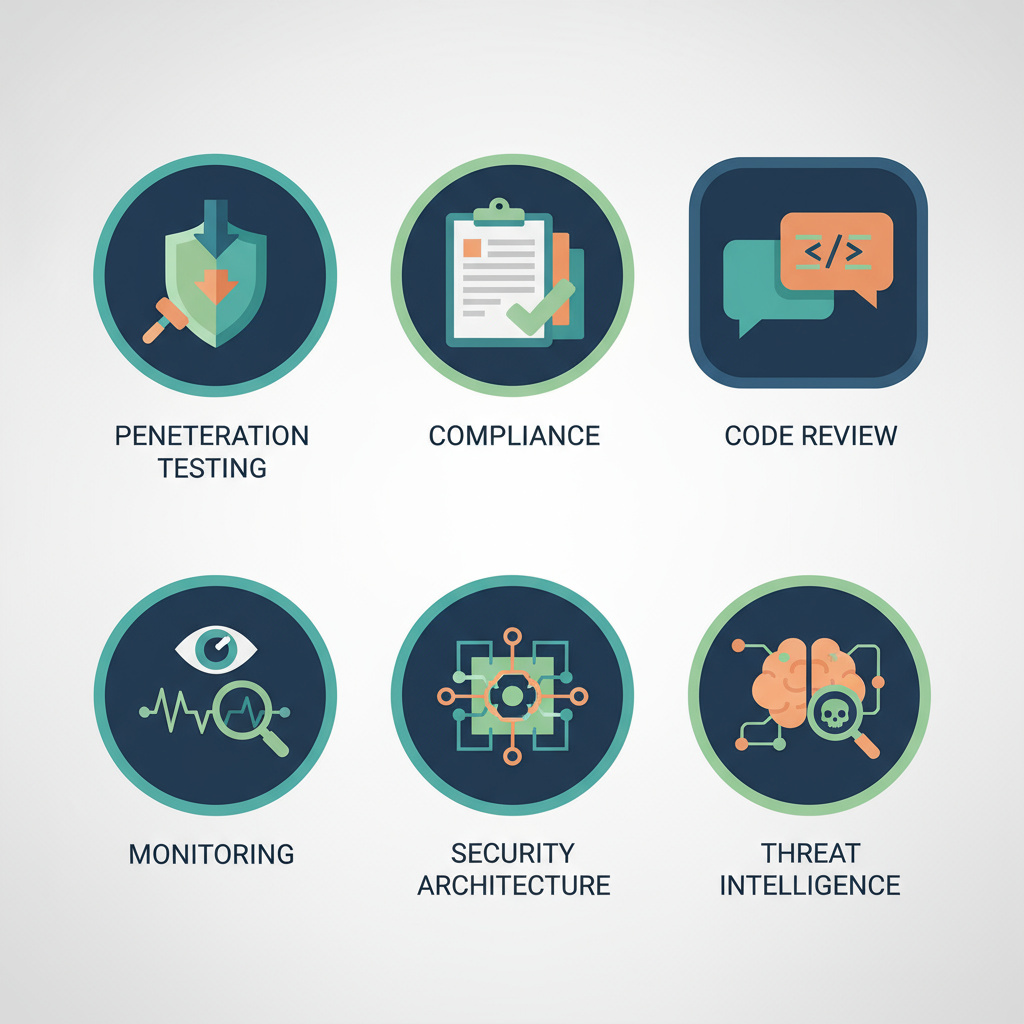 Icons für Penetrationstests, Compliance, Code Review, Monitoring, Architektur