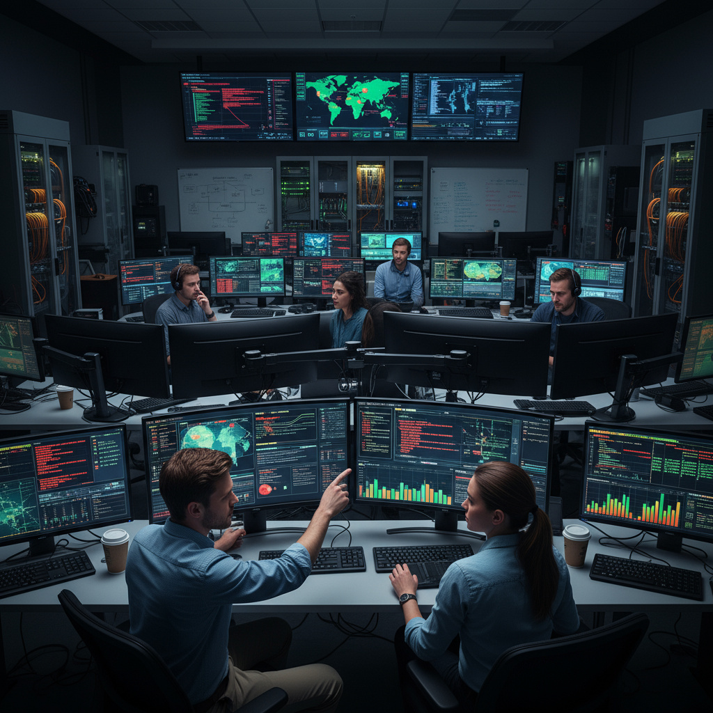 Security Operations Center mit Monitoren und Alarmen